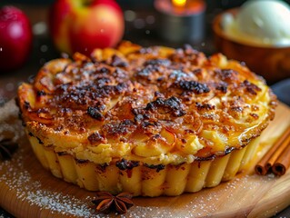 Wall Mural - A small apple pie on a wooden board.