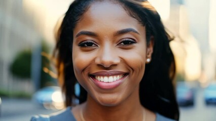 Poster - Woman smiling happy face portrait on a street