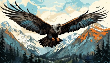 Condor spreading wings wide flat design side view mountains theme watercolor Complementary Color Scheme