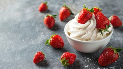 Sticker - Tasty strawberries with whipped cream on a gray table Room for text