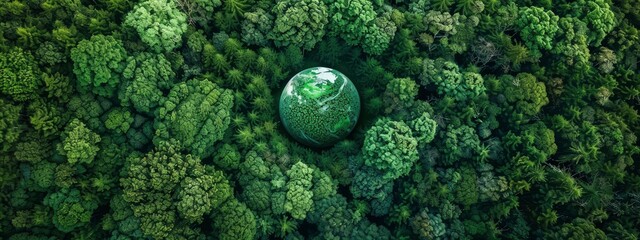 Atmospheric aerial view of the green forest with the earth Demonstrate the concept of preserving the top ecosystem and natural environment and Save Earth, copy space top - generative ai