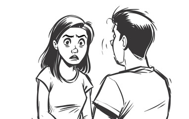 Black and white cartoon image with strong emotional expressions, featuring a distressed woman communicating with a man. Minimalist and expressive design with sketch-like lines.