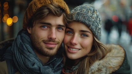 A young couple warmly dressed in hats and scarves, smiling at the camera while embracing in a wintry urban backdrop with festive lights, celebrating love and companionship in the cold.