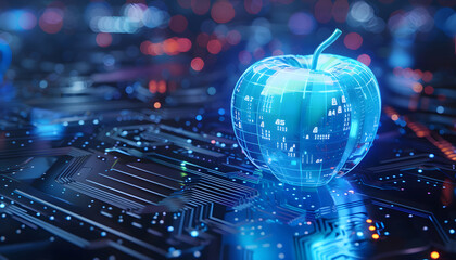 Fototapete - 3d rendering of blue apple made from digital data on circuit board background with light effects and copy space for text Abstract futuristic technology design