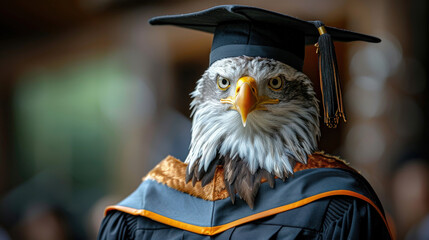 Wall Mural - Graduation eagle wearing dark dress graduate cap dark glasses background educational institution