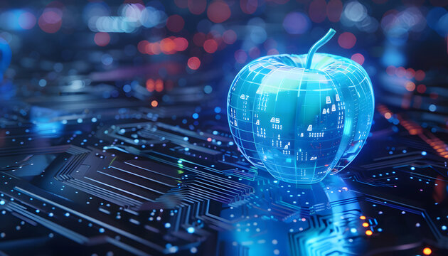 3d rendering of blue apple made from digital data on circuit board background with light effects and copy space for text Abstract futuristic technology design