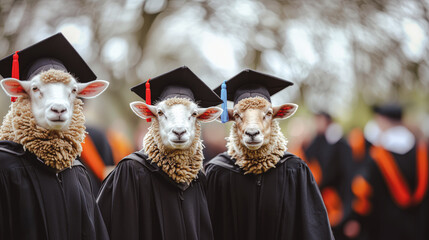 Canvas Print - Graduation sheep lamb dark dress graduate cap yellow dark glasses background educational institution