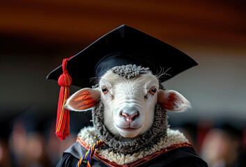 Wall Mural - Graduation sheep lamb dark dress graduate cap yellow dark glasses background educational institution