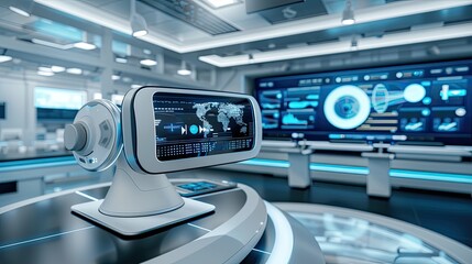 Poster - A white, futuristic control room with a large screen showing a digital world map. A white, sleek technological device sits on a countertop with its screen displaying information and a globe graphic