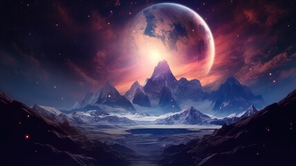 Sticker - the fantasy picture of high mountain landscape with giant stars and space nebula lighting in the nig