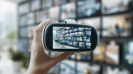 Poster - A person holds a virtual reality headset showing multiple screens in a modern office, likely a control room or security center