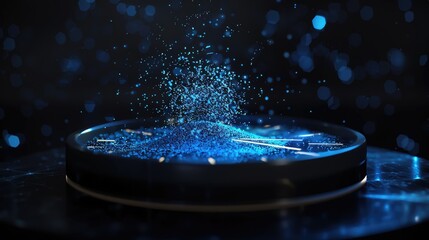 Poster - Blue liquid splashing upwards from a black surface, captured in motion with vibrant light particles against a dark background.