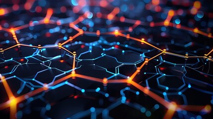 Poster - Abstract futuristic network with glowing connections, illustrating technology, data, and communication in blue and orange colors.