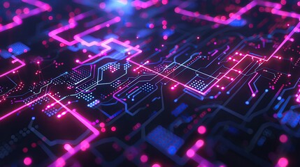 Poster - Futuristic neon circuit board background with pink and blue lights, representing modern technology and digital innovation.