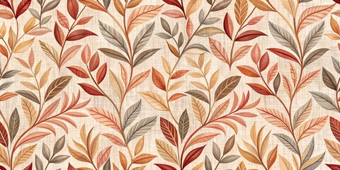 Modern abstract floral background featuring stylized leaves in earthy chintz hues on a linen texture, perfect for digital prints and seamless patterns for wallpaper, fabric, and more.