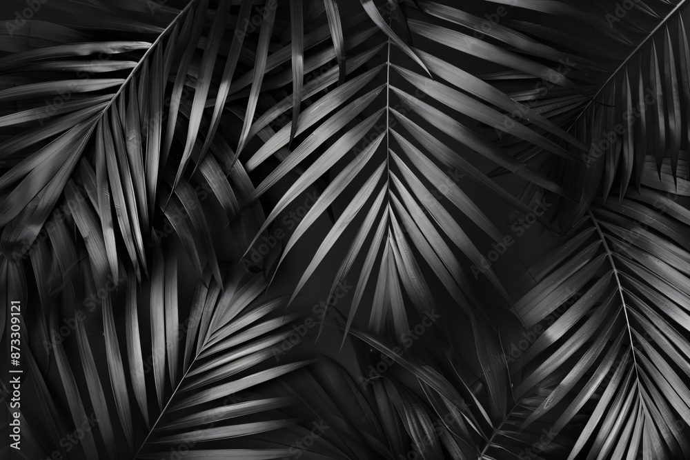Black and white palm leaves in dark jungle, tropical leaf texture ...