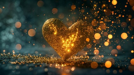 Wall Mural - Glittering heart with radiant particles on dark backdrop, copy space