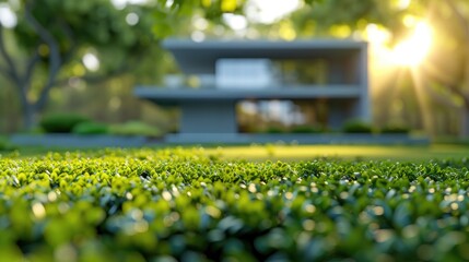 Wall Mural - Lush green lawn with a modern house blurred in the background. Highlights the integration of contemporary architecture with natural surroundings.