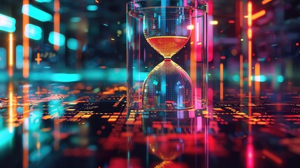 Poster - Futuristic hourglass with vibrant digital lights, symbolizing time management and technology in a modern, tech-savvy environment.