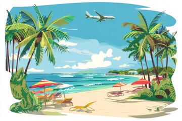 A serene beach resort scene with vibrant umbrellas and palm trees, set against a clear blue sky with a plane flying in the distance. Perfect for a relaxing getaway.