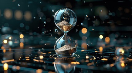 Poster - Abstract digital hourglass on futuristic background with glowing lights, representing concept of time and technology.