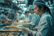 © Thaniya - Asian female chef in professional attire focused on preparing meals in busy commercial kitchen. Background shows other chefs working, emphasizing teamwork, high-quality meal preparation for flights.