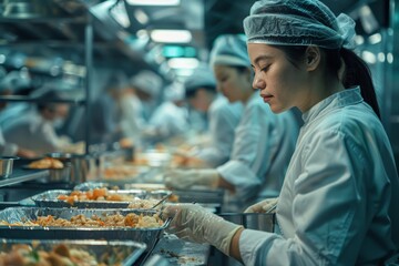 Asian female chef in professional attire focused on preparing meals in busy commercial kitchen. Background shows other chefs working, emphasizing teamwork, high-quality meal preparation for flights.