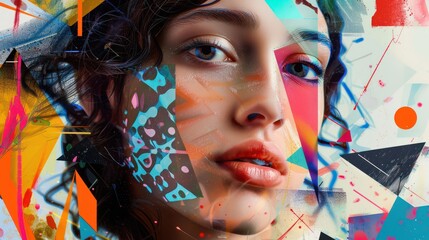 Poster - Abstract representation of a woman's face in front of colorful geometric shapes and patterns
