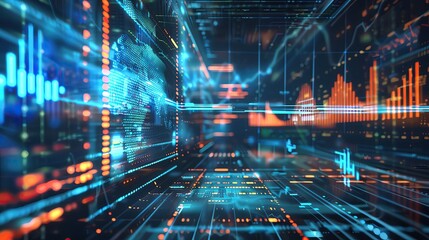 Fototapete - Futuristic digital data matrix with vibrant colors representing advanced technology, virtual reality, or AI-driven analytics and visualizations.