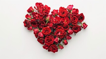 Poster - Heart-shaped arrangement of fresh red roses on a white background,