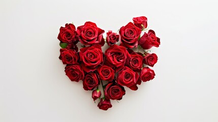 Wall Mural - Heart-shaped arrangement of fresh red roses on a white background,