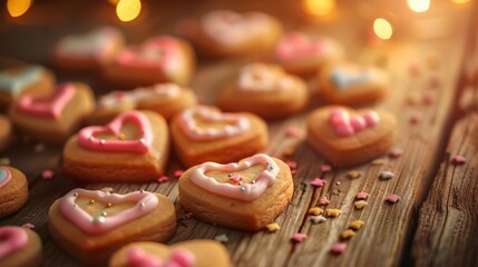 Poster - Heart-shaped cookies decorated with colorful icing on a wooden table