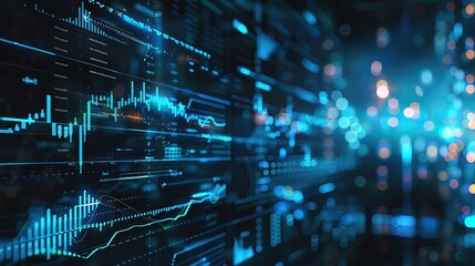 Poster - Abstract digital financial chart with glowing blue lights, showcasing futuristic data analytics, technology, and stock market dynamics.