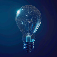 Poster - a digital illustration of a wireframe light bulb on a dark blue background, symbolizing innovation a