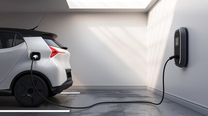 Electric car plugged into a charging station in a modern garage with sunlight streaming in from a skylight.