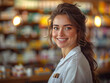 © wcirco - Smiling woman with long brown hair and white blouse at counter of store with medicine