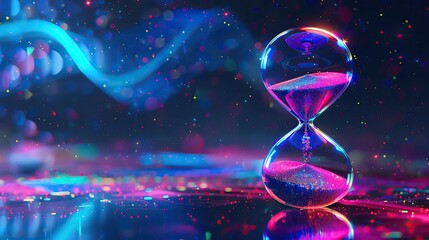 Poster - Futuristic hourglass design with glowing neon lights, representing the concept of time and technology in a digital world.