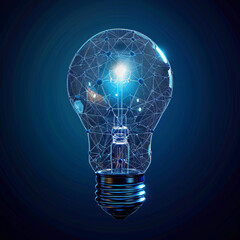 Poster - a digital illustration of a wireframe light bulb on a dark blue background, symbolizing innovation a