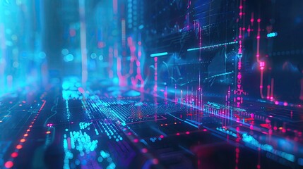 Poster - Futuristic digital interface with glowing blue and pink data points, representing advanced technology and cybersecurity concepts.
