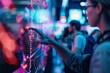 © Elmira - A closeup of a conference attendee interacting with an interactive display, surrounded by others at a technology conference