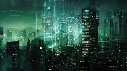 Poster - Futuristic green cityscape with digital interface elements, showcasing a technological, sci-fi metropolis at night.
