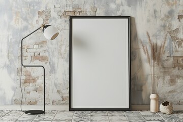 Poster - A black picture frame with a blank canvas stands on a patterned tile floor. A floor lamp with a white shade is to the left, while a white vase with dried grass is to the right