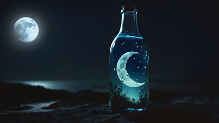 Fantasy moon inside a bottle at night