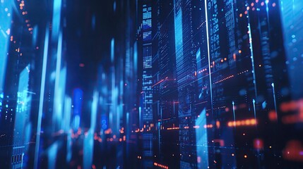 Poster - Futuristic digital landscape with glowing blue and red data lines, representing technology, data networking, and innovation.