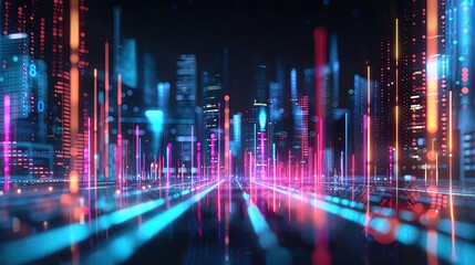 Poster - Futuristic digital cityscape with glowing neon lights and skyscrapers, representing technology and innovation at night.