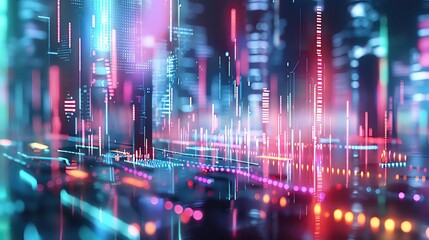 Poster - Futuristic neon cityscape with vibrant lights and digital grid, showcasing advanced technology and urban innovation.