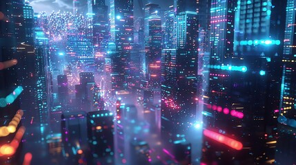 Poster - Futuristic cityscape at night with glowing skyscrapers, vibrant neon lights, and a dense, cyberpunk atmosphere.