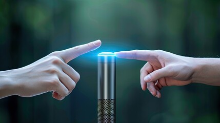 Poster - two hands, one from each side of the frame, reach towards a cylindrical object with a glowing blue t