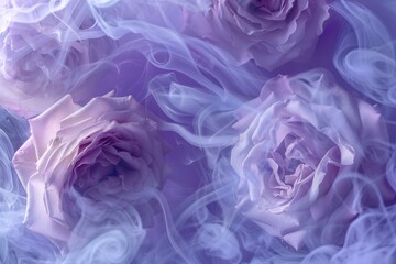 Poster - A delicate close-up captures the texture of soft lavender roses, beautifully intertwined with swirls of delicate purple smoke, creating an ethereal and dreamy atmosphere