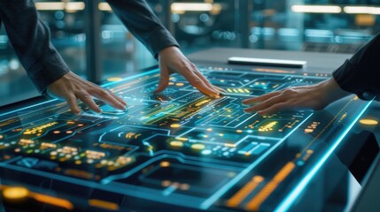 Poster - Two hands interact with a glowing digital interface table, navigating through data and information